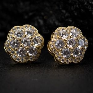 Large Mens Cluster Flower Yellow Gold Plated Iced Screw Back Stud Earrings